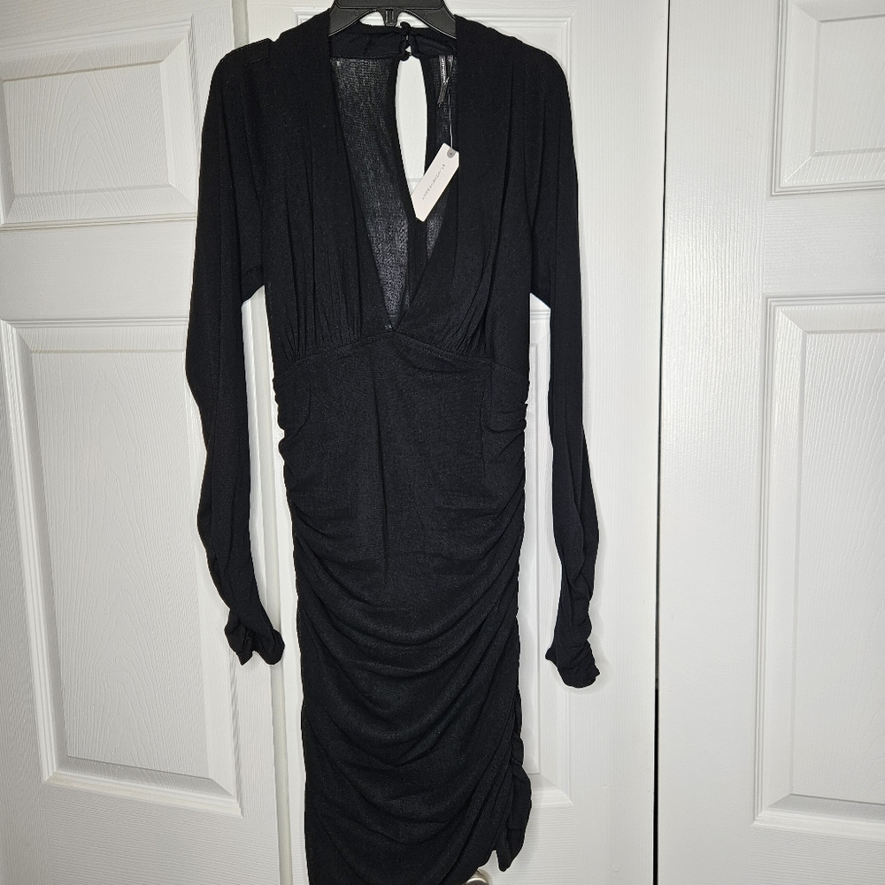 NWT Anthropologie Black Vneck Ruched Midi Mesh Dress Size L - Picture 4 of 11